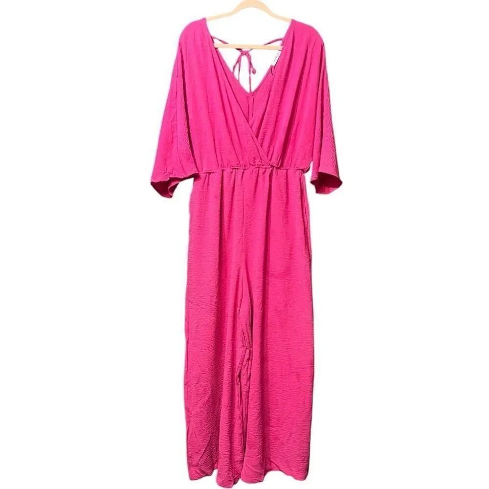 Hot Pink Surplice Wide Leg Dolman Sleeve Jumpsuit with Pockets NWT - Picture 14 of 14